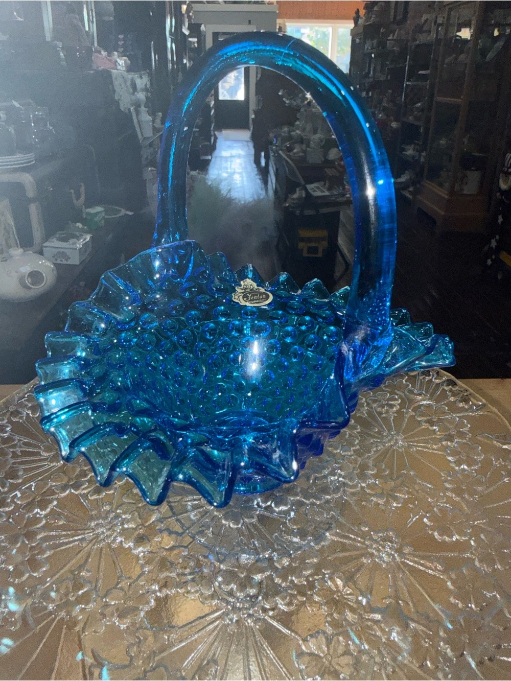 Colonial Blue Hobnail Glass Ruffled Basket - Original Fenton Sticker